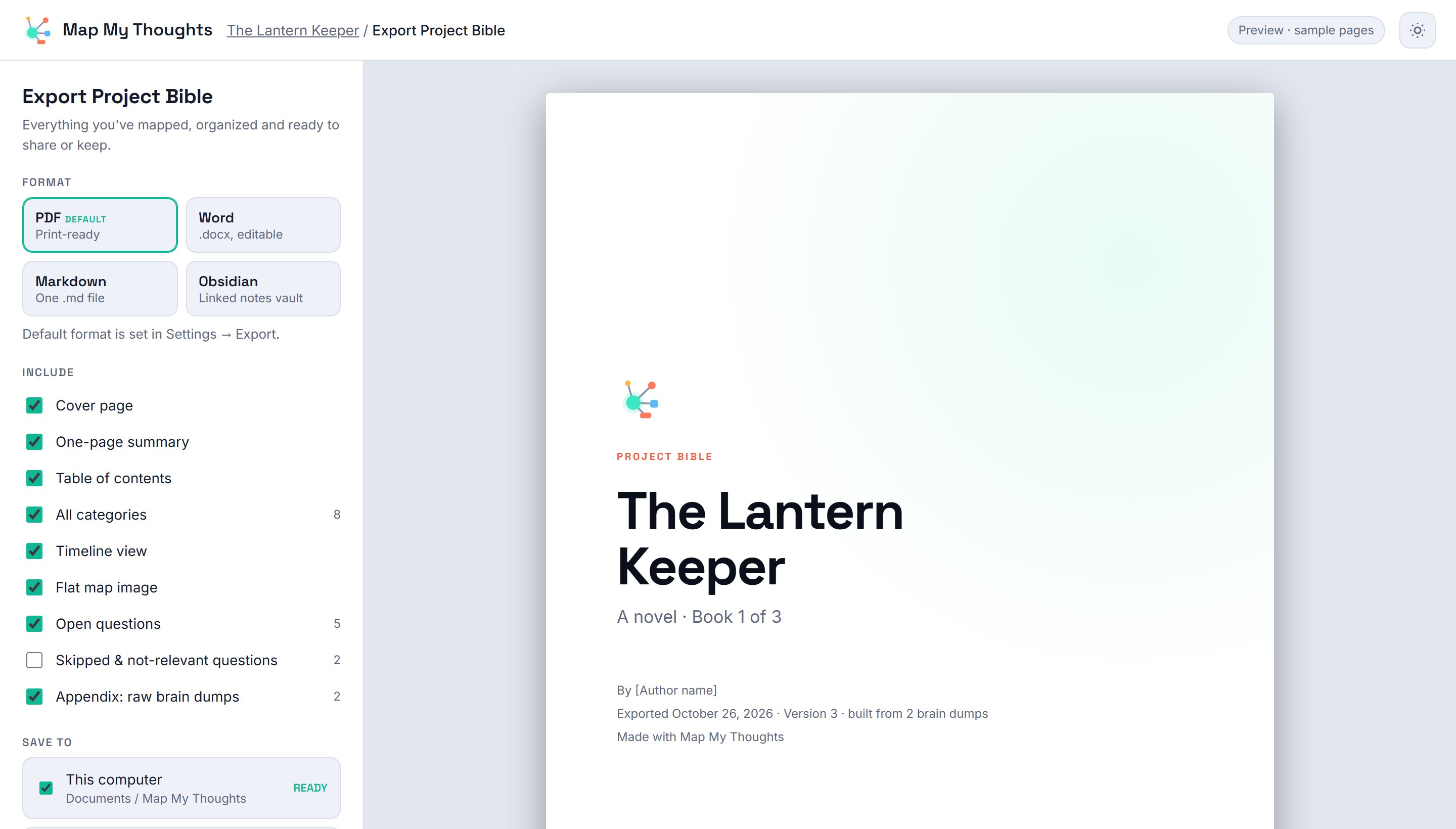 Export screen with format options and a paper preview of the Project Bible